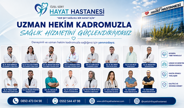 Özel Siirt Hayat Hastanesi Uzman Hekim Kadrosuyla Sağlık Hizmetini Güçlendiriyor