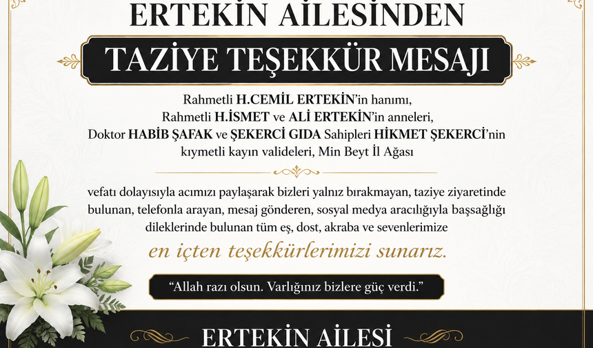 Ertekin Ailesinden Taziye Teşekkür Mesajı